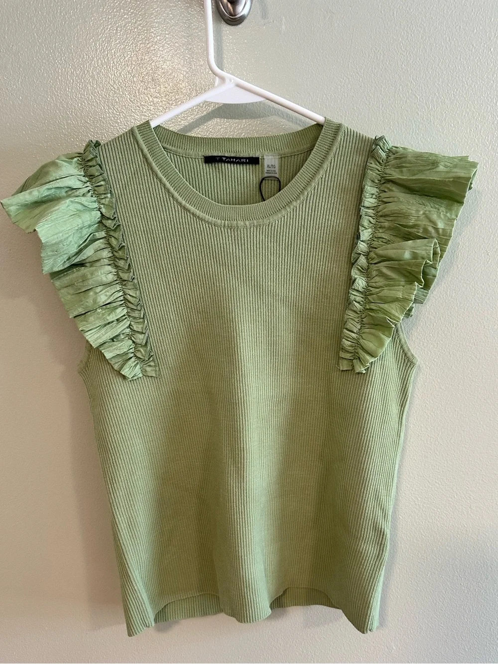 T Tahari Light Green Ribbed Tank with Ruffled Cap Sleeves